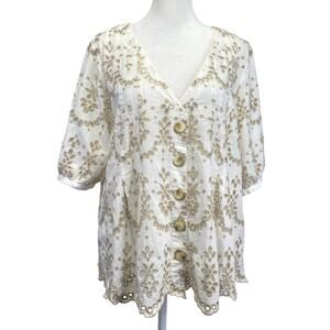 FEATHER BONE Anthropologie Medina White Eyelet Scalloped Blouse Boho Wmns Sz 12